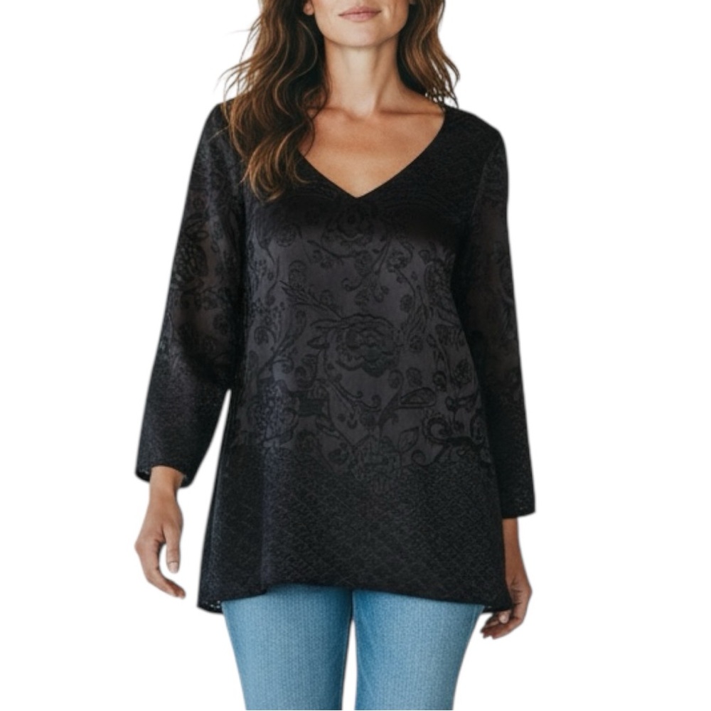 Calypso St. Barth Maurita Burnout Tunic Sheer Black Floral Cover Up Top Swim S